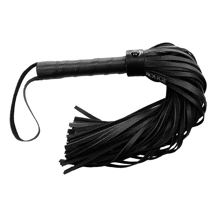 Black leather flogger with 'Rouge' branding on a white background