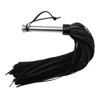 black leather whip with steel handle on white background
