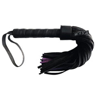 Black leather flogger with purple accents on a white background, branded 'Rouge'.