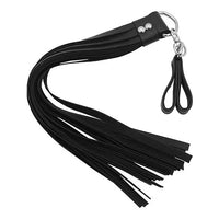 black leather two finger flogger on white background