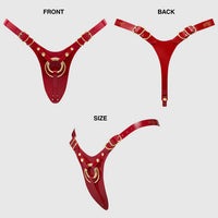Red harness with gold accents shown from front, back, and side views on a white background.
