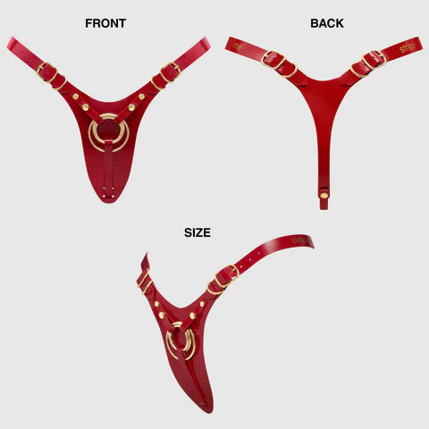 Red harness with gold accents shown from front, back, and side views on a white background.