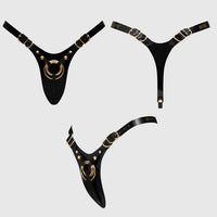 black harness with gold accents shown from front, back, and side views on a white background.