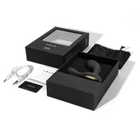 lelo black curved anal plug with charger and box packaging