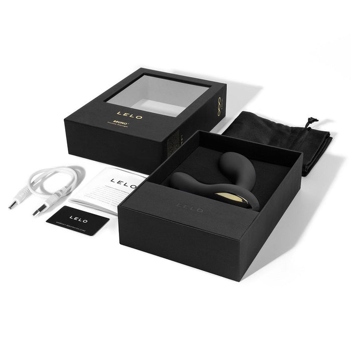 lelo black curved anal plug with charger and box packaging