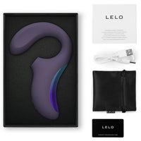 purple curved vibrator with clitoral stimulation. With box packaging and accessories with lelo branding