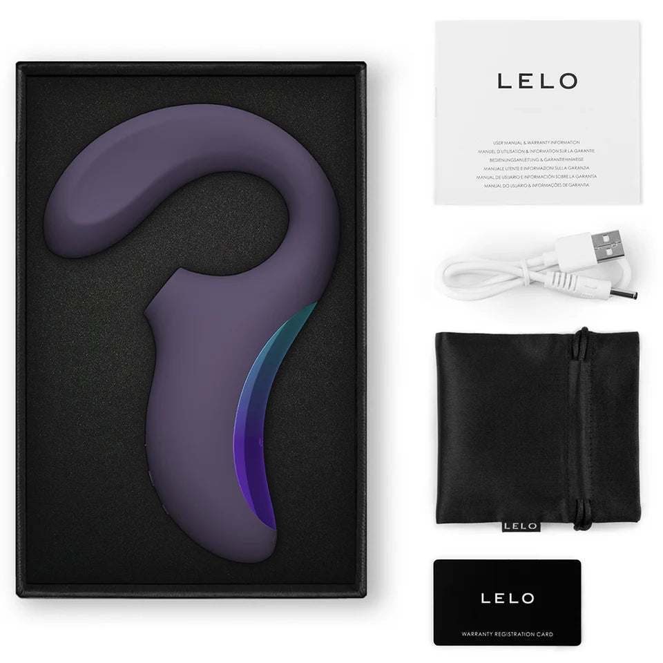 purple curved vibrator with clitoral stimulation. With box packaging and accessories with lelo branding