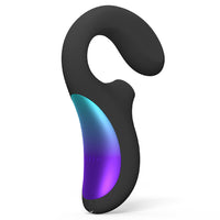 black curved vibrator with clitoral stimulation. 