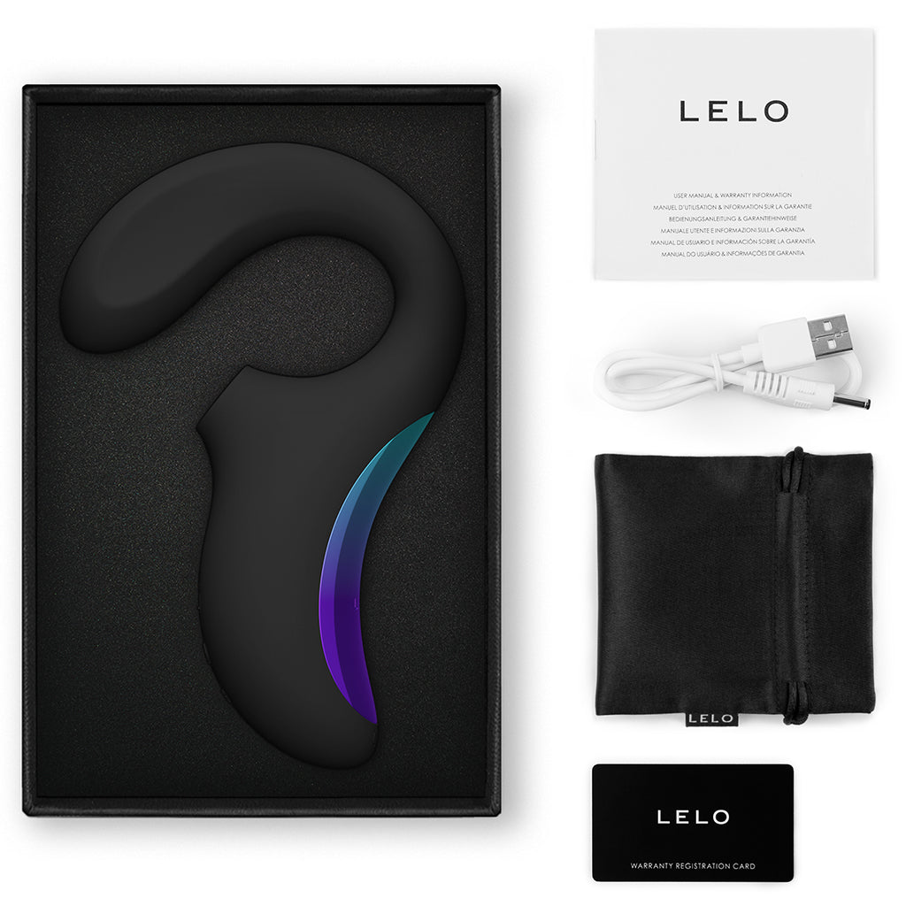 black curved vibrator with clitoral stimulation. With box packaging and accessories with lelo branding