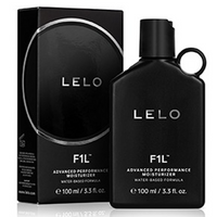 a black bottle of lube beside box packaging. labeled lelo f1l