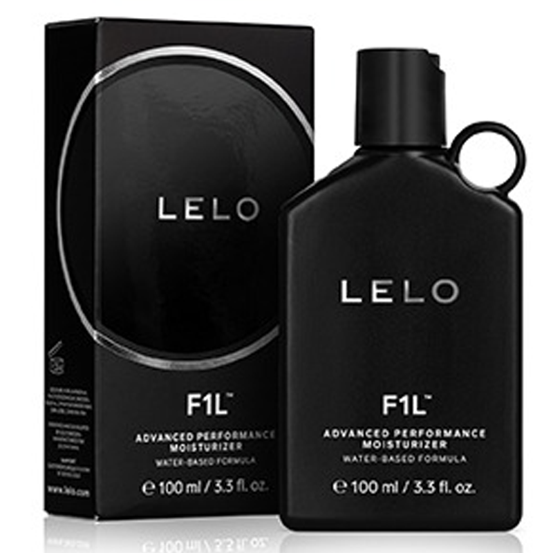 a black bottle of lube beside box packaging. labeled lelo f1l