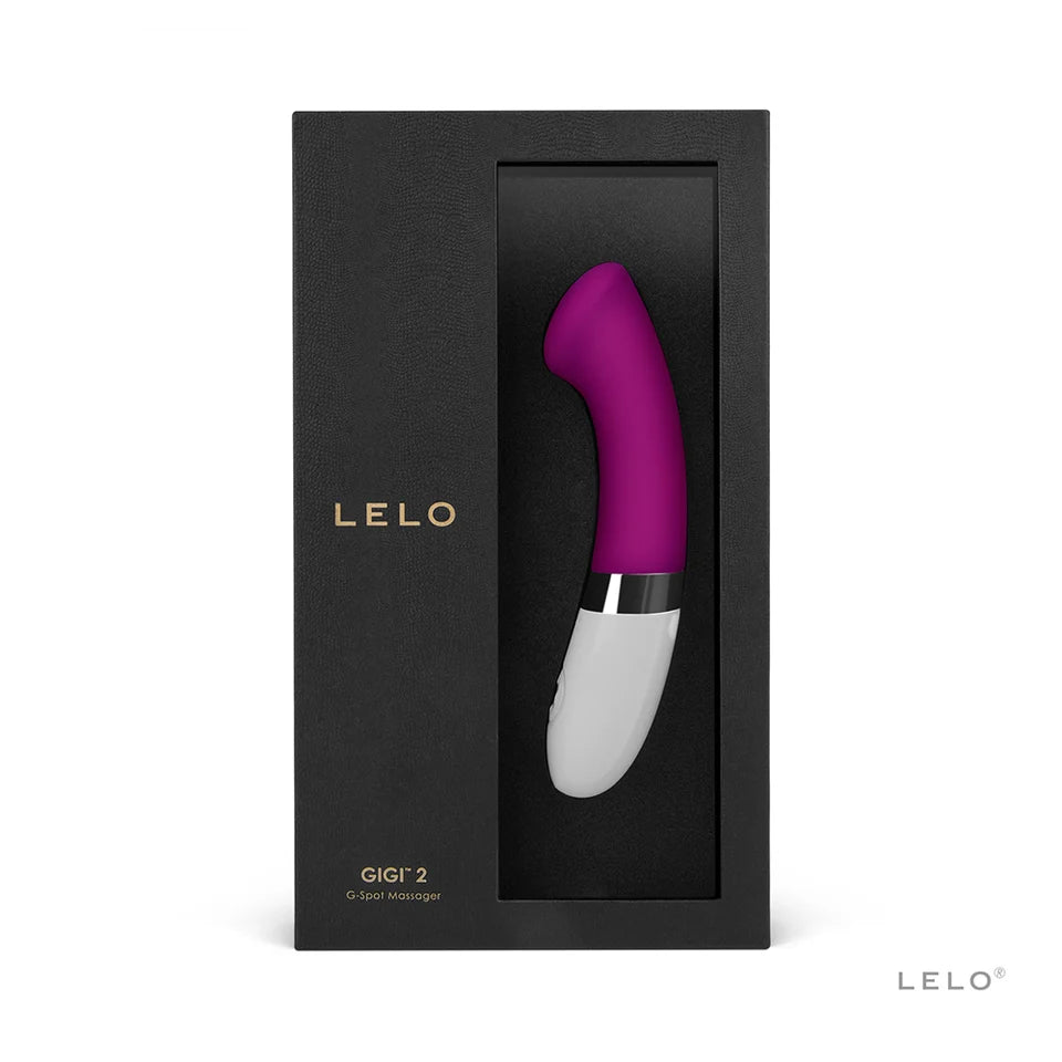 purple g spot vibrator with box packaging and accessories, with lelo branding