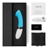 blue g spot vibrator with box packaging and accessories, with lelo branding