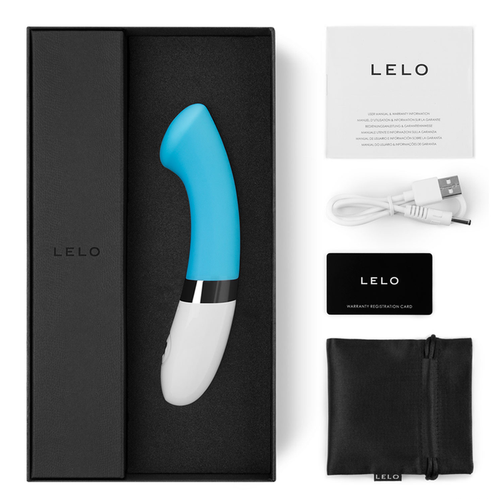 blue g spot vibrator with box packaging and accessories, with lelo branding