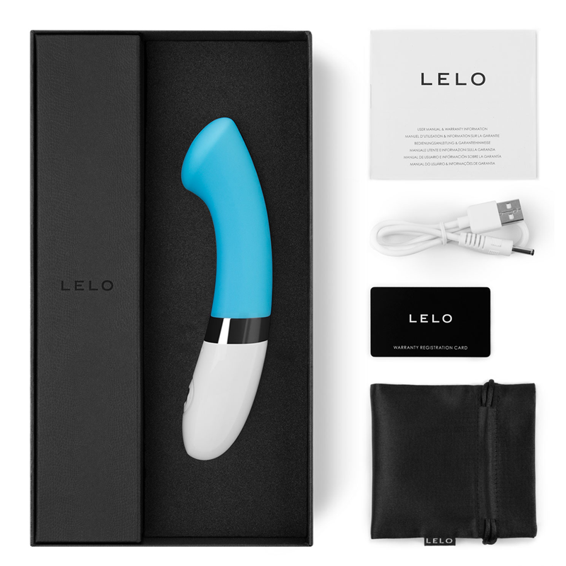 blue g spot vibrator with box packaging and accessories, with lelo branding