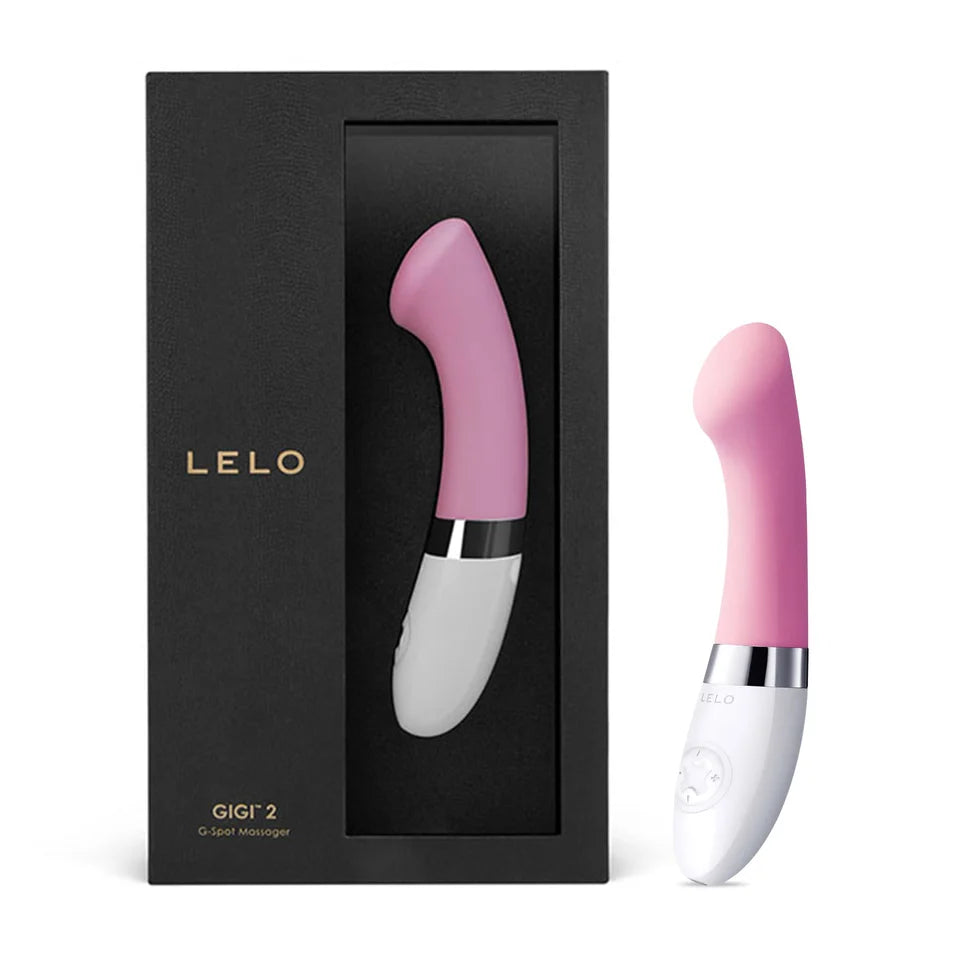 pink g spot vibrator with box packaging and accessories, with lelo branding
