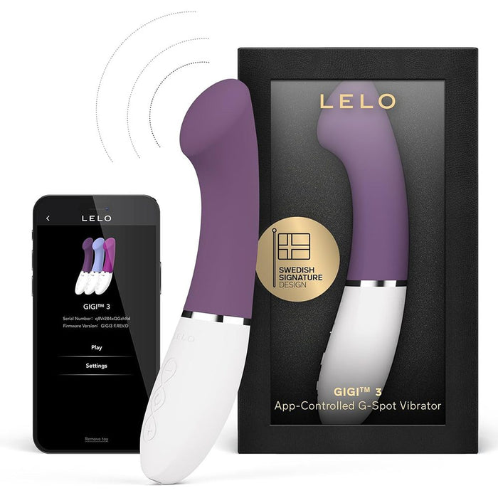 LELO GIGI 3 app-controlled G-spot vibrator with packaging and smartphone display on a white background