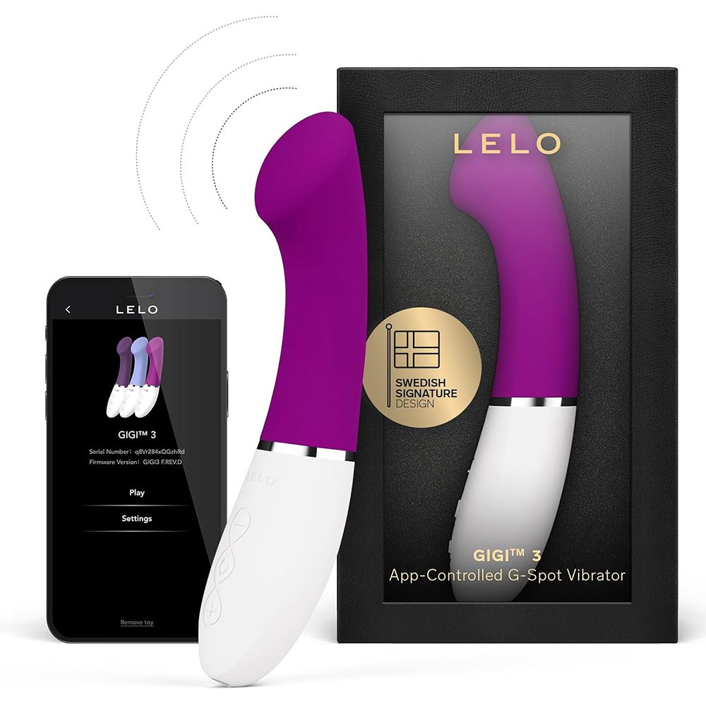 LELO GIGI 3 app-controlled G-spot vibrator with packaging and remote control on a white background
