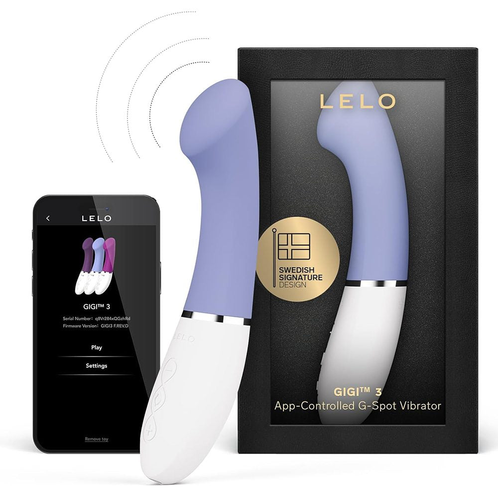 LELO GIGI 3 app-controlled G-spot vibrator with packaging and remote control on a white background