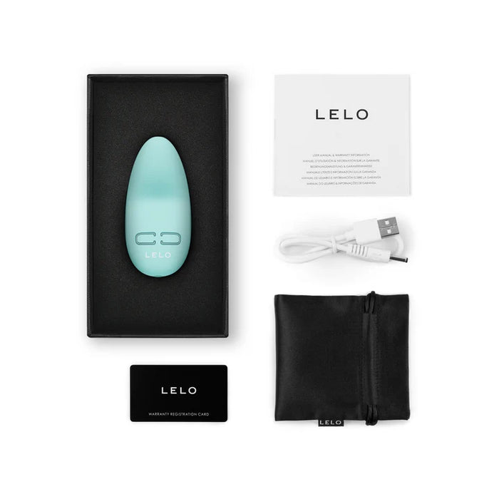 green hand held massager with box packaging and accessories with lelo branding