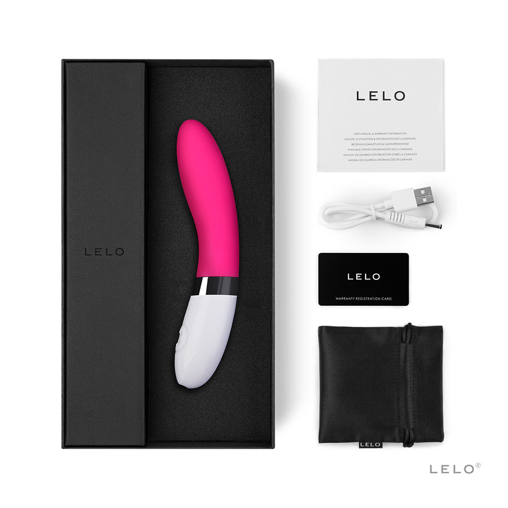 pink g spot curved vibrator with lelo branding in box packaging and accessories