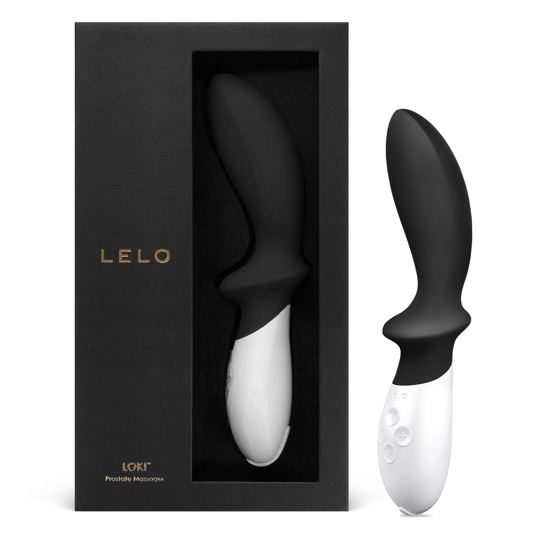 lelo loki prostate massager in black with white handle, beside box packaging