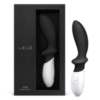 lelo loki prostate massager in black with white handle, beside box packaging
