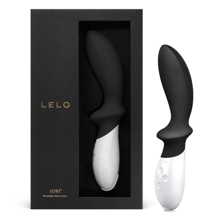 lelo loki prostate massager in black with white handle, beside box packaging