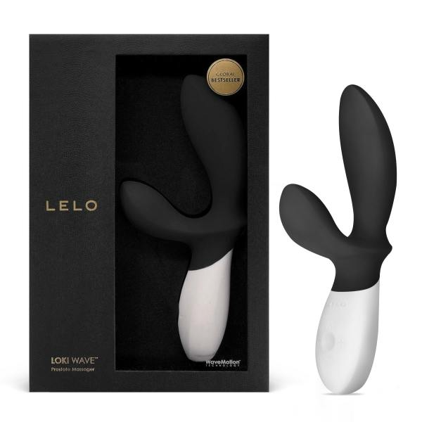 black lelo loki wave prostate massager with stimulator. beside box packaging
