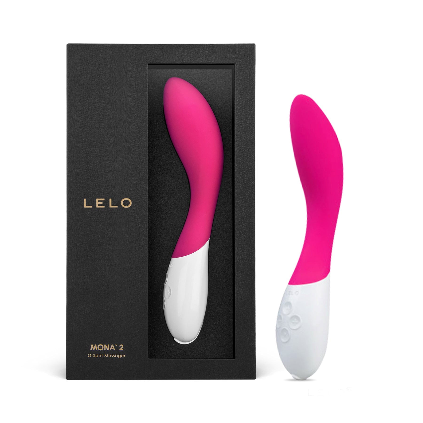 pink and white g-spot vibrator beside box packaging