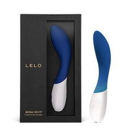blue and white g-spot vibrator beside box packaging
