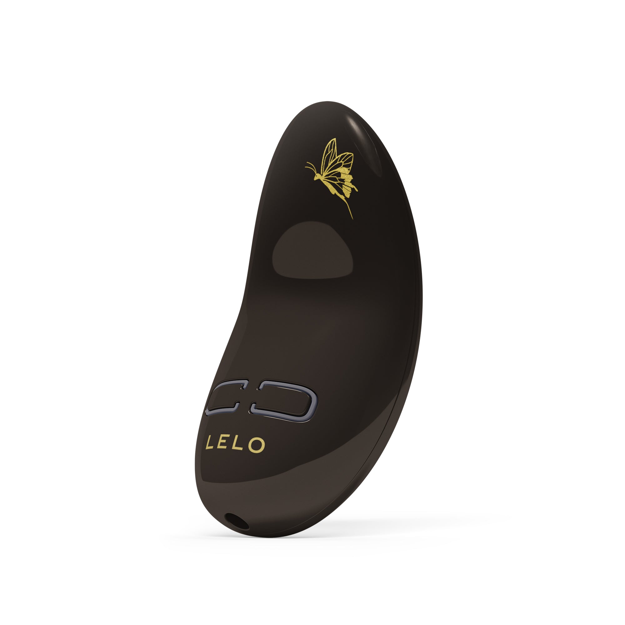 black hand held massager with butterfly on it. with lelo branding