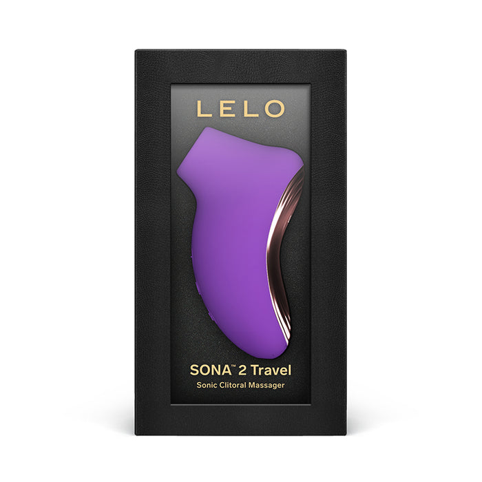 Purple SONA 2 Travel Sonic Clitoral Massager in black packaging with Lelo branding on a white background.