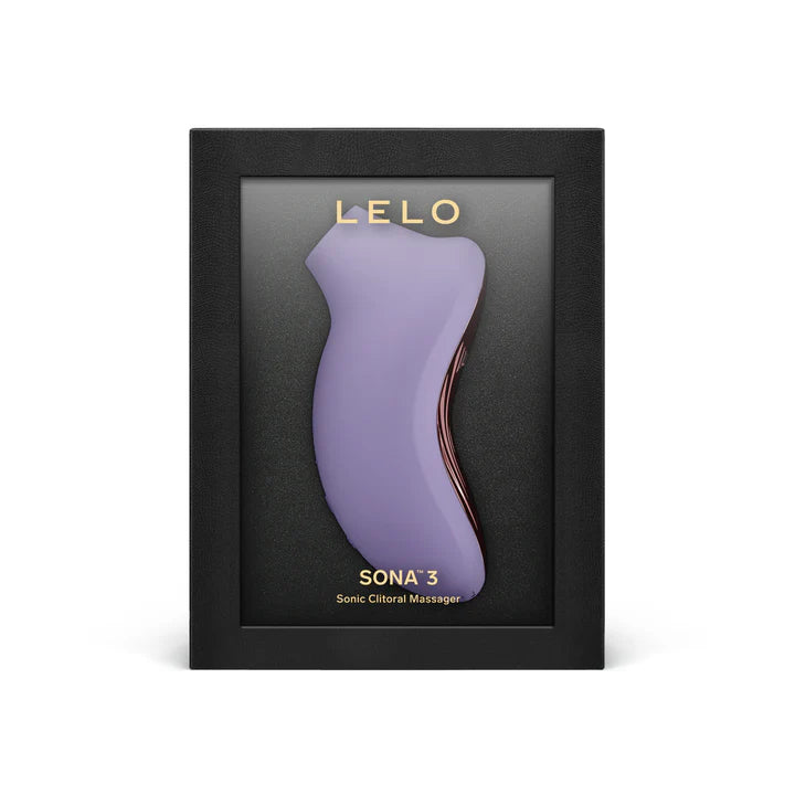 Purple SONA 3 Sonic Clitoral Massager in black packaging with Lelo branding.