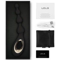 black vibrating anal beads with lelo branding accessories and box packaging