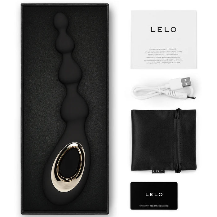 black vibrating anal beads with lelo branding accessories and box packaging