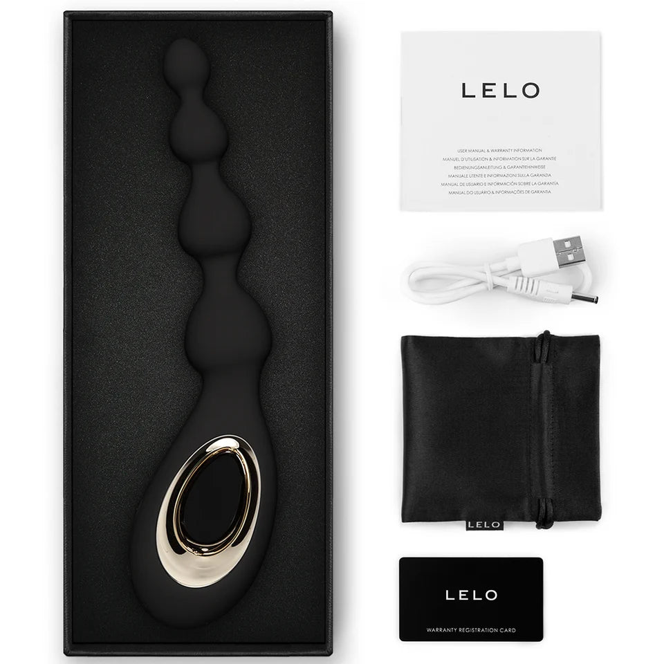 black vibrating anal beads with lelo branding accessories and box packaging