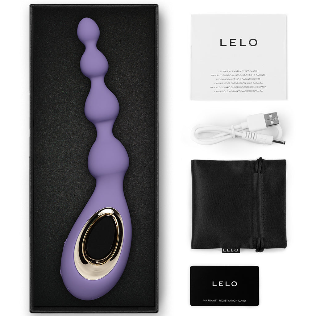purple vibrating anal beads with lelo branding accessories and box packaging