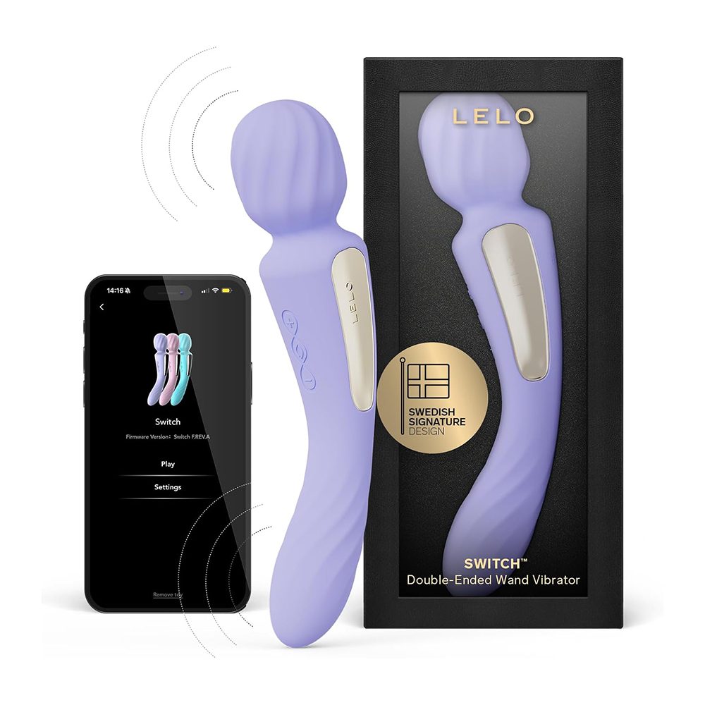 Purple double-ended lelo wand vibrator with packaging and smartphone app displayed