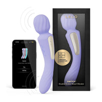 Purple double-ended lelo wand vibrator with packaging and smartphone app displayed
