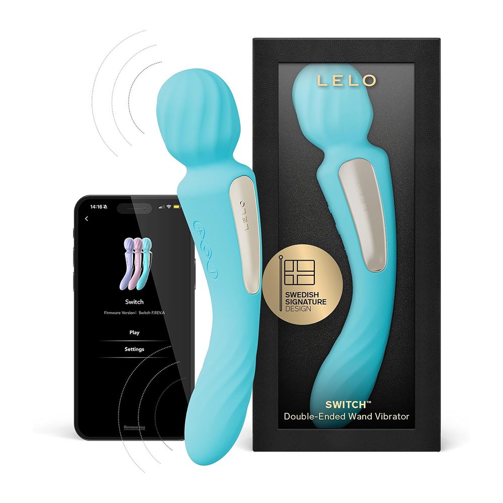 Turquoise double-ended lelo wand vibrator with packaging and smartphone displaying app interface on a white background