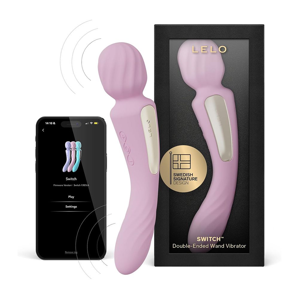Pink double-ended wand lelo vibrator with packaging and smartphone app displayed on a white background