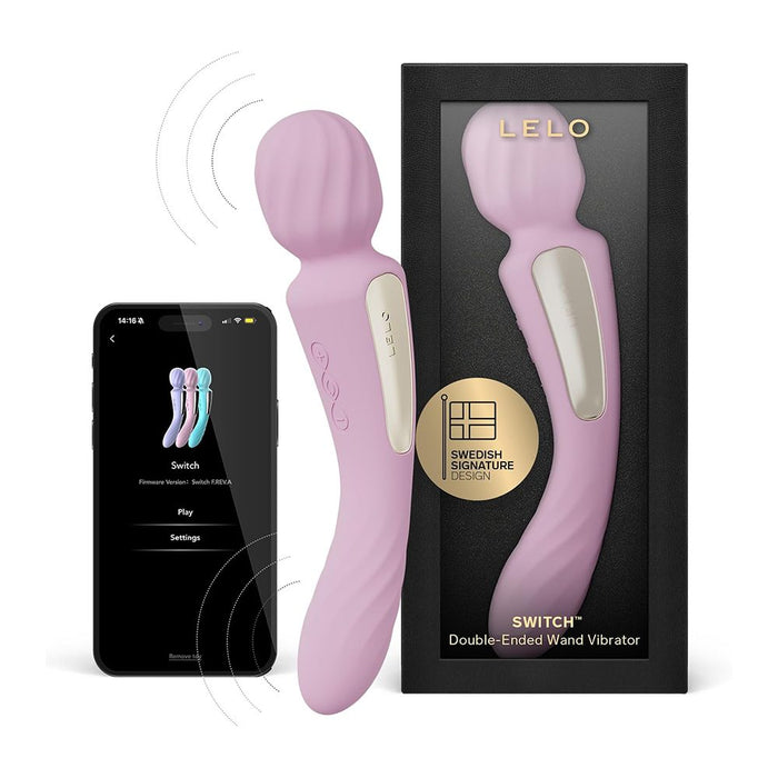 Pink double-ended wand lelo vibrator with packaging and smartphone app displayed on a white background