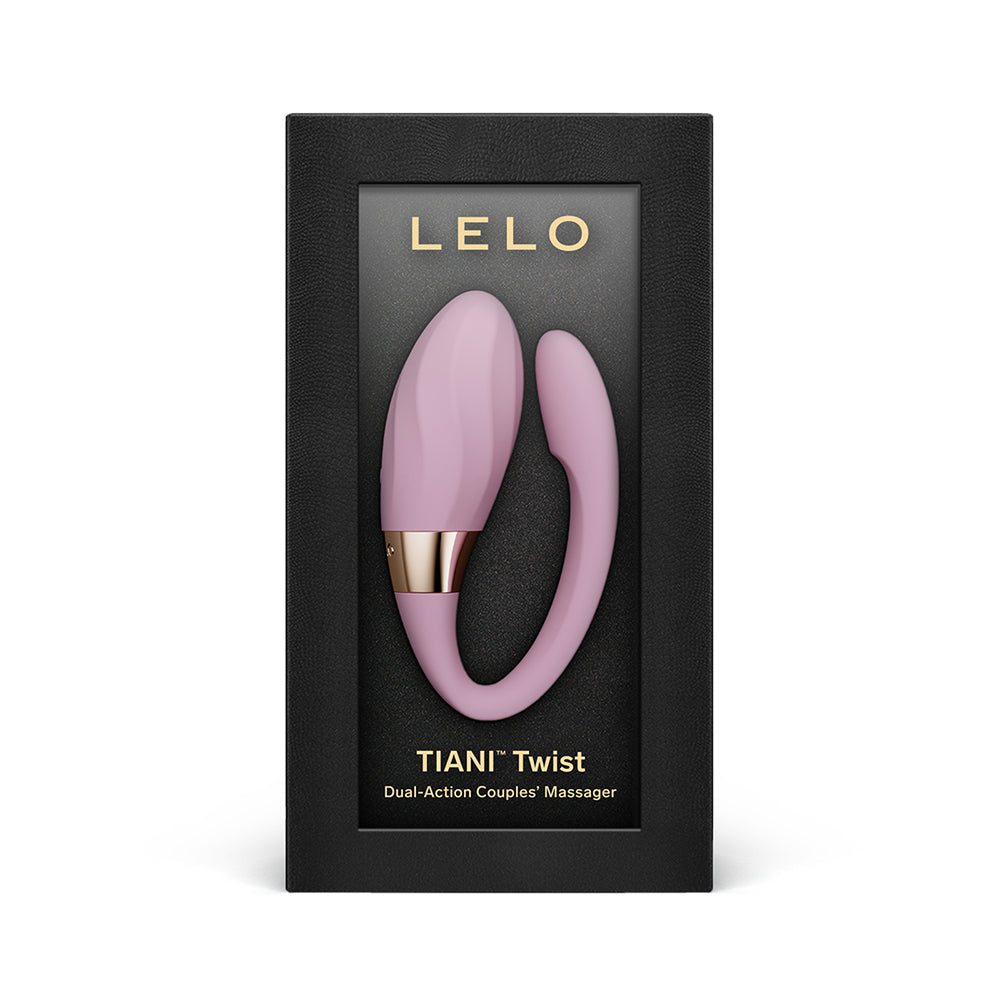 Pink couples' massager in black Lelo packaging on a white background