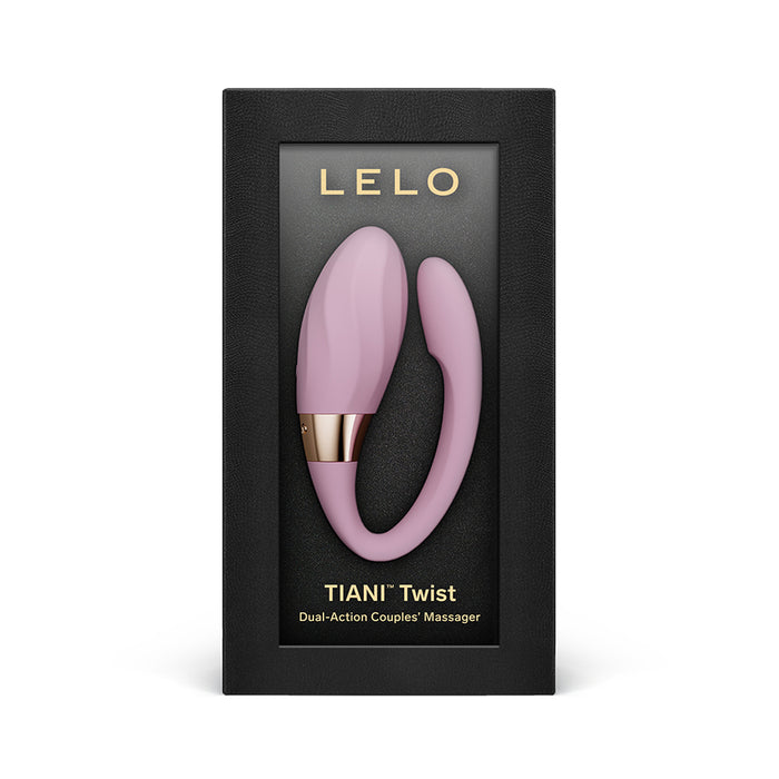 Pink couples' massager in black Lelo packaging on a white background