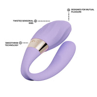 Purple silicone lelo tiani twist couples vibrator with text labels on a white background