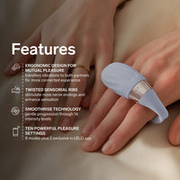 Sexual product on a finger with features listed on a blurred background
