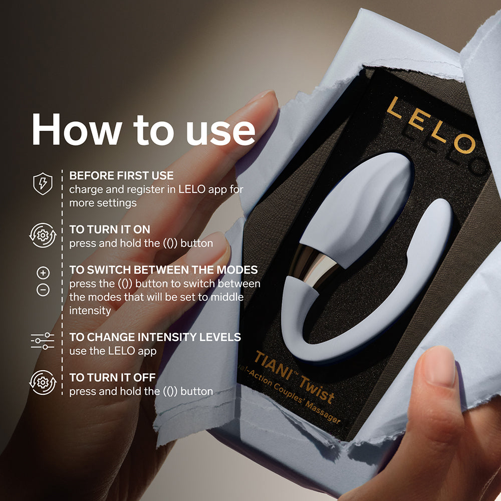 LELO Tiani Twist product with user manual and charging instructions.
