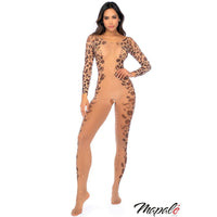 Woman wearing a leopard print bodysuit on a white background with 'Mapale' branding.