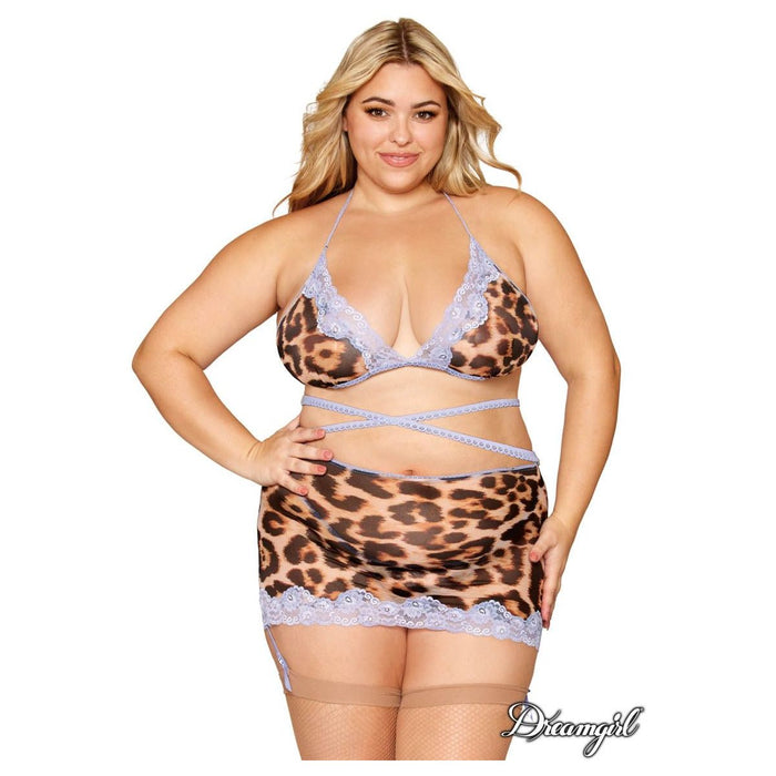 leopard bra with skirt. Criss cross midriff